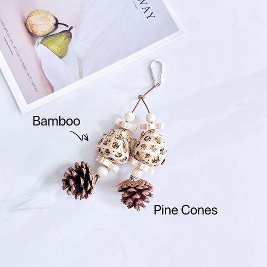 20-22cm Natural Style Double Bamboo Ball with Pine Cones & Takraw Hanging Toy Handmade Bird Toys Natural Bird Bitting Toys Organic Bird Cages Accessories