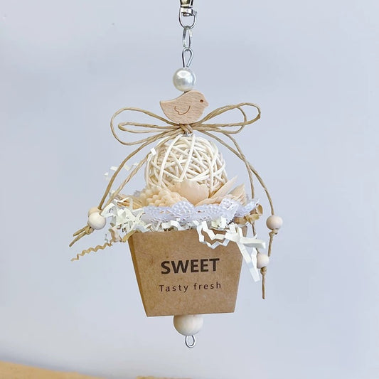 21cm Natural Style Wooden Bird Cake with Paper Box and Takraw Ball Parrot Handmade Bird Toys Organic Bird Cages Accessories Lovebird Budgie Pacific Parrotlet