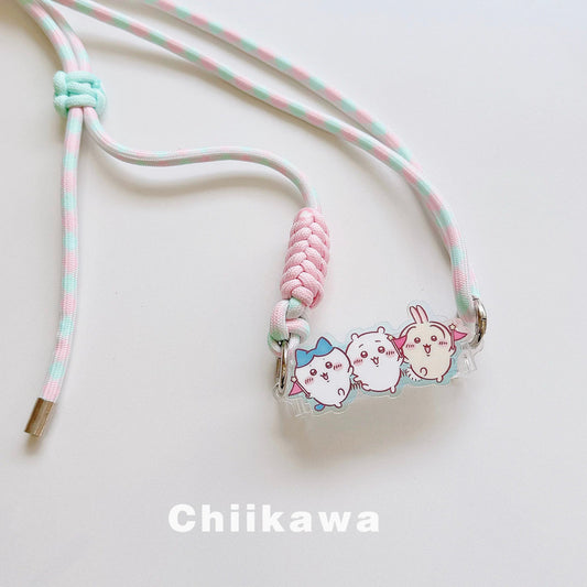Japanese Cartoon Phone Back Clip with Phone Lanyard | Chiikawa Pink & Mint Green - for All Smart Phones