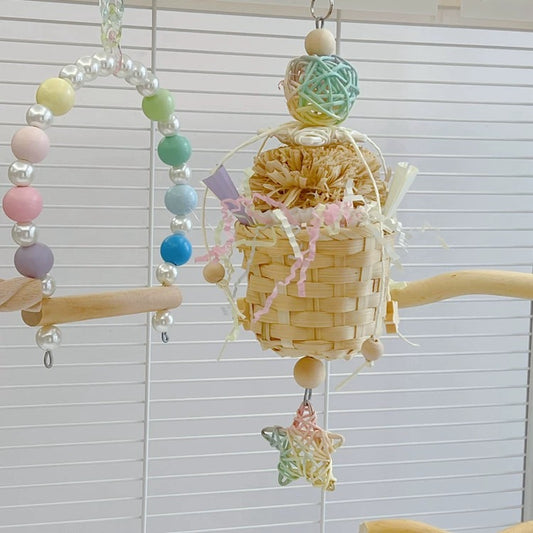28x11cm Dreamy Style Pastel Stars with Rattan Basket - Bitting Hanging Birdies Toys Parrot Handmade Bird Toys Organic Bird Cages Accessories Lovebird Budgie Pacific Parrotlet