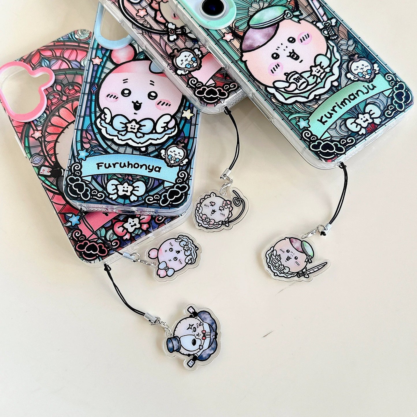Japanese Cartoon iPhone Case with Strap | Laser Magical Girl with Glass Window Kurimanju Rakko Shisa Furuhonya Magic - iPhone Case 7 8 PLUS SE2 XS XR X 11 12 13 14 15 Pro Promax 12mini 13mini WinnieTheBirds Toy Shop