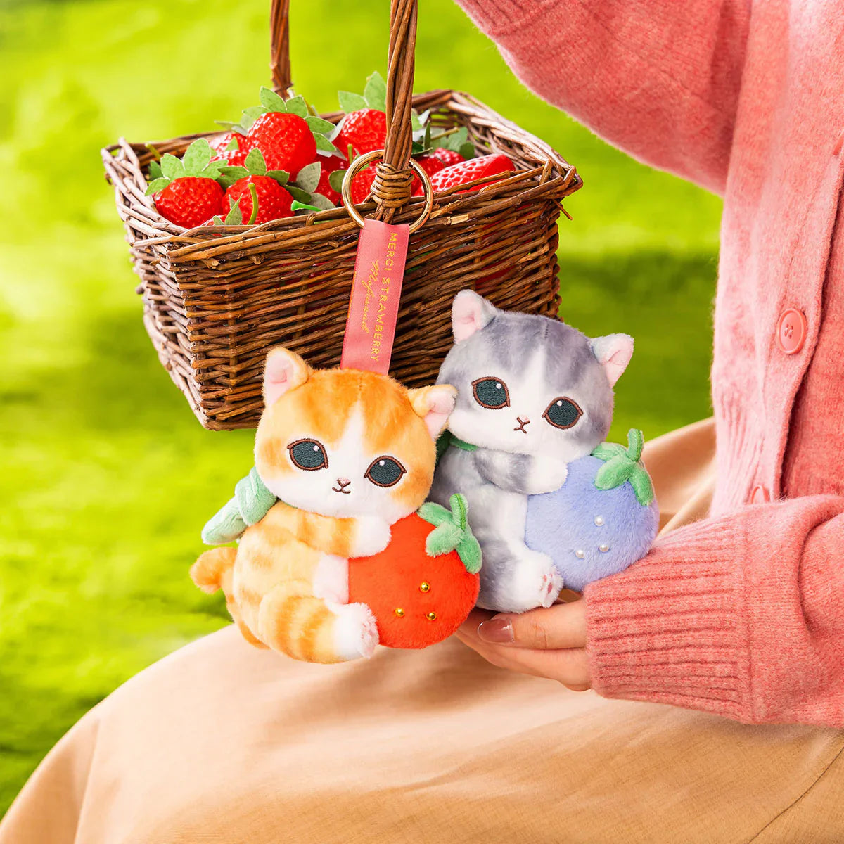 Japan Mofusand Merci Strawberry Series | Mofusand Cat Holding Strawberry Cute Plush Doll - Kawaii items Room Decoration Doll