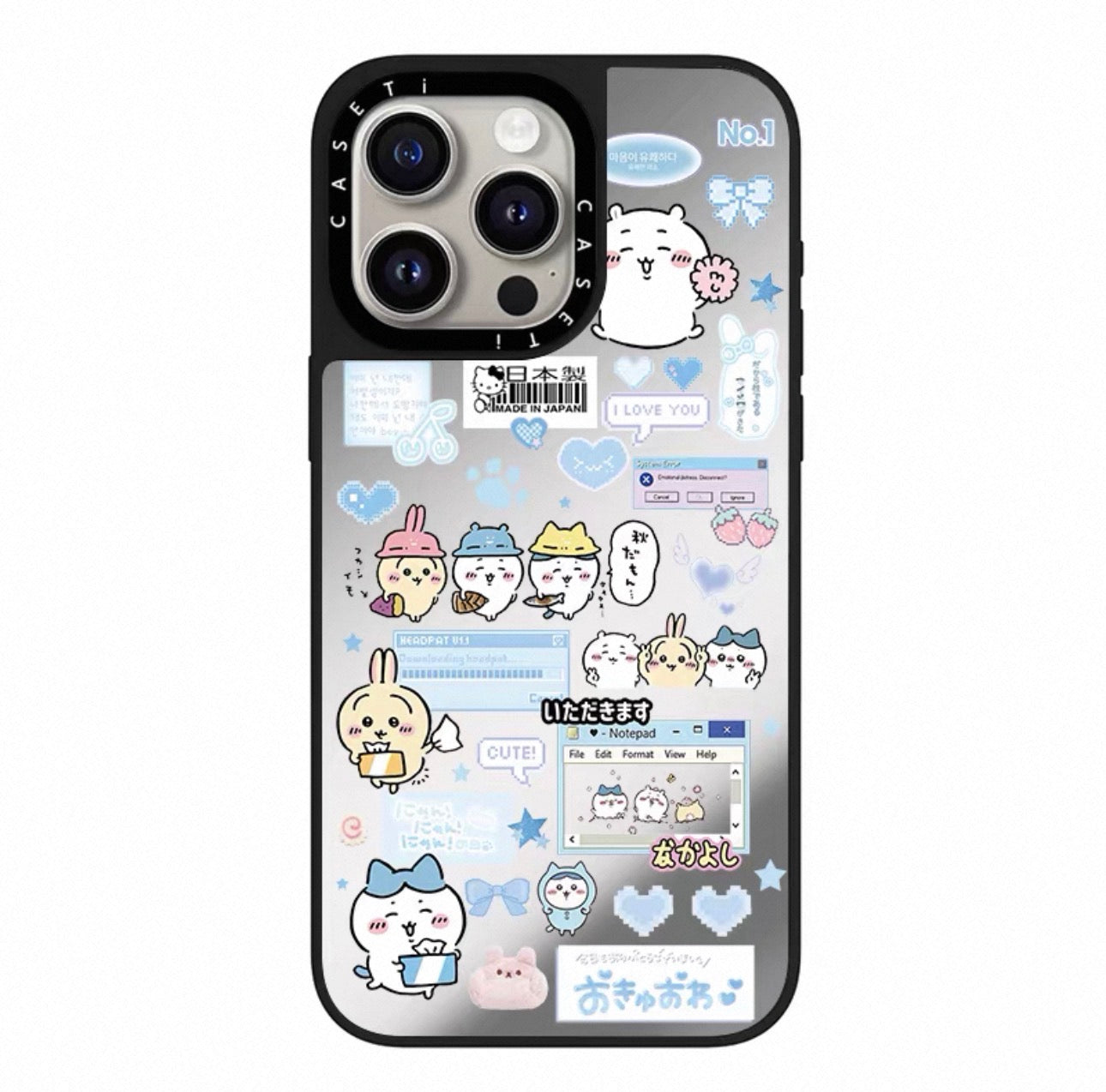 Japanese Cartoon ChiiKawa Transparent Black Frame & Mirror Phone Case | Fun Daily with Heart Version - iPhone Case 12 13 14 15 16 17 Pro Promax