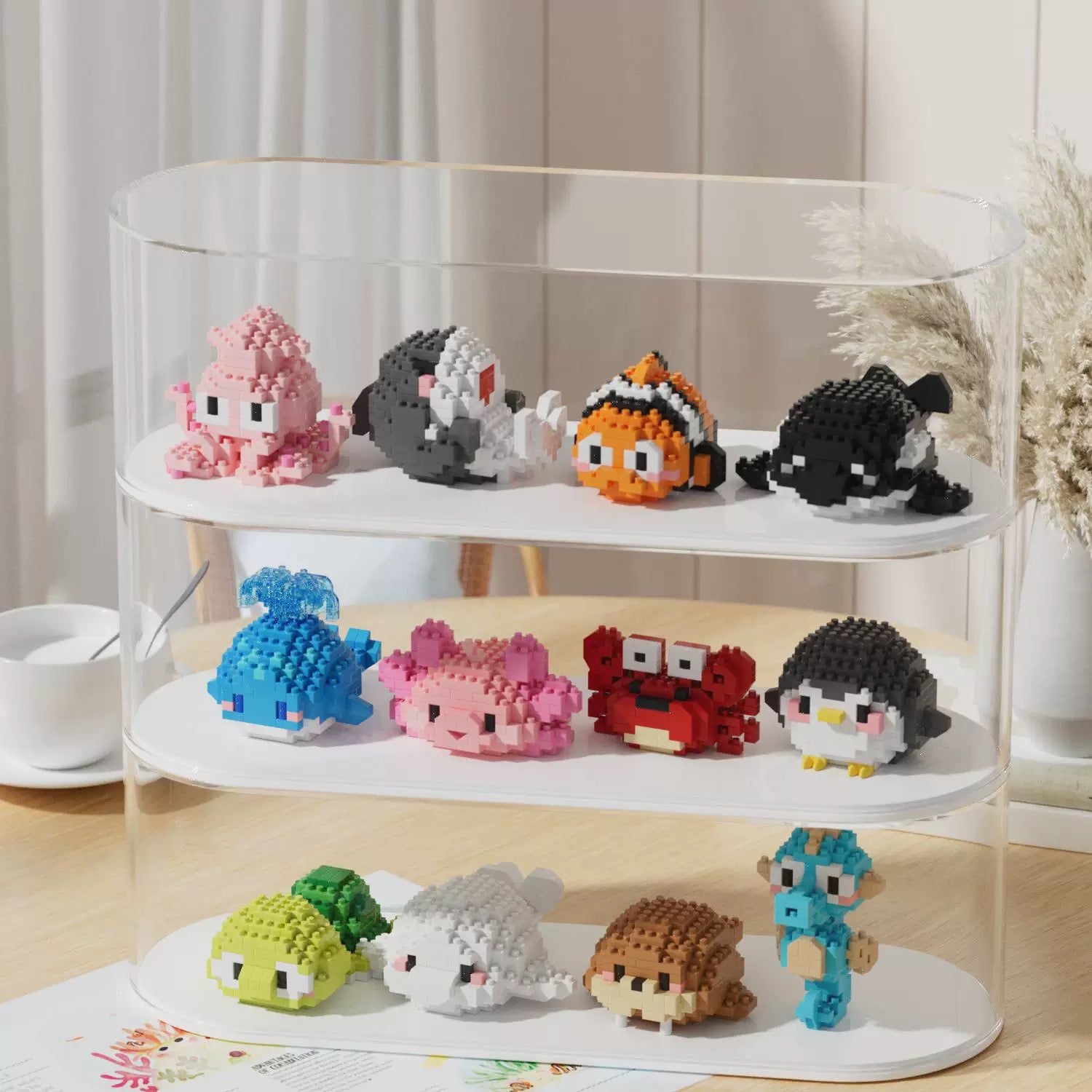 Mini Block Building Block Ocean World Aquarium with Cover | Turtle Beluga Walrus Sealhorse Blue Whale Salamander Crab Crab Penguin Octopus Shark Clownfish Orca - Tiny Particle Assembly DIY Handmade Children Gift