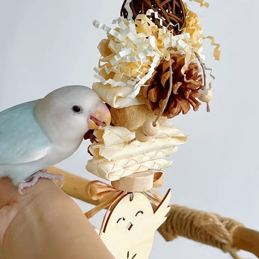 27x9cm Natural Style Wooden Owl with Pine Cones Paper Takraw - Bitting Hanging Birdies Toys Handmade Bird Toys Organic Bird Cages Accessories Lovebird Budgie Pacific Parrotlet