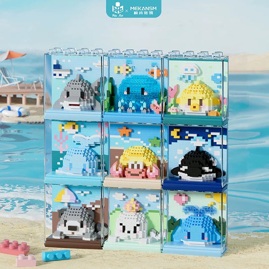 Mini Block Building Block Ocean World Aquarium with Cover | Dolphin Seal Otter Orca Hermit Crab Whale Jellyfish Blowfish Shark - Tiny Particle Assembly DIY Handmade Children Gift
