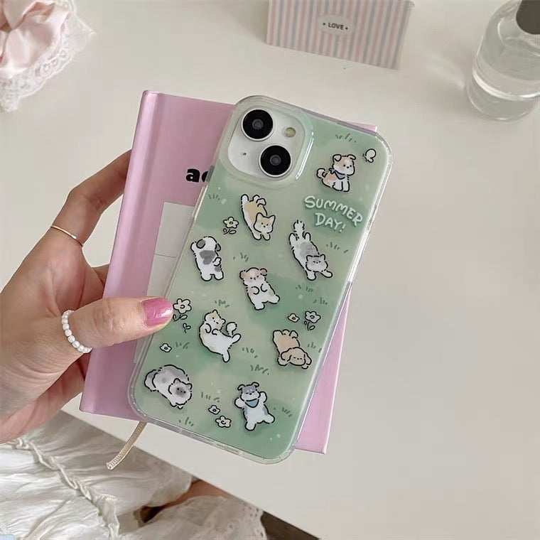 Japan Style Lovely Dog Cat Phone Case | Puppy & Kitten on Grass Japan Style Lovely Dog Cat Phone Case | Puppy & Kitten on Grass