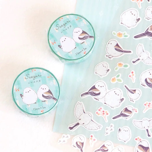 5m Japan Paper Tape | Tit Munia Budgie Lovebird Mountain Bluebird Penguin - for DIY Journal Craft Diary Art Scrapbook Laptop Decal Cute Animal