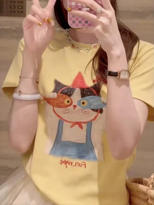 Korean Fashion Cute Animals Style T-Shirt Series | Lovely Cat with 2 Fishes - Kawaii Fashion Items