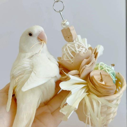 28x14cm Dreamy Style Pastel Wooden Flower with Rattan Basket - Bitting Hanging Birdies Toys Parrot Handmade Bird Toys Organic Bird Cages Accessories Lovebird Budgie Pacific Parrotlet