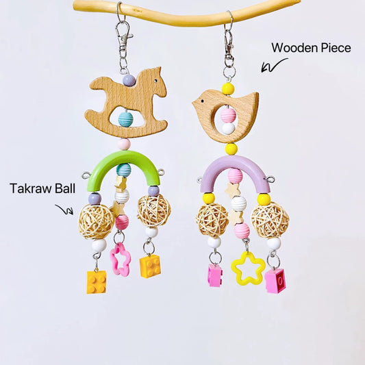 21cm Kawaii Baby Style Rabbit Birdie Horse with Takraw & Blocks Wooden Hanging Toy Handmade Bird Toys Natural Bird Bitting Toys Organic Bird Cages Accessories