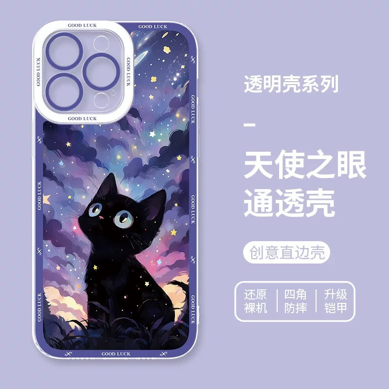 Black Cat with Starry Sky Oil Drawing Style | 8 Styles - iPhone Case PLUS SE2 XS XR X 11 12 13 14 15 16 16e 17 17e Pro Promax 12mini 13mini