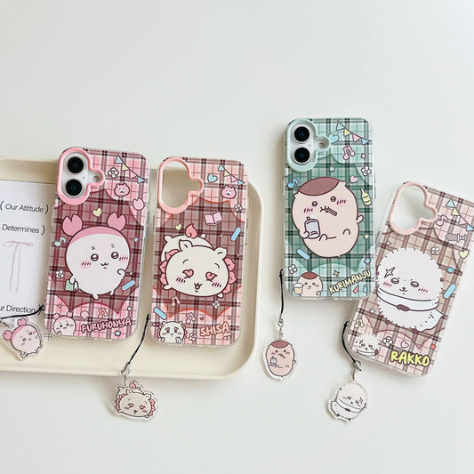 Japanese Cartoon ChiiKawa Laser Phone Case with Strap | Retro Plaid Rakko Kurimanju Shisa Furuhonya - Phone Case Samsung Galaxy S26 S25 S24 S23 S22 S21 FE Ultra Edge