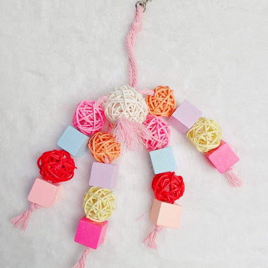 20cm Kawaii Style Wooden Square with Takraw Bells Bird Bites Hanging Toy Handmade Bird Toys Organic Bird Cages Accessories