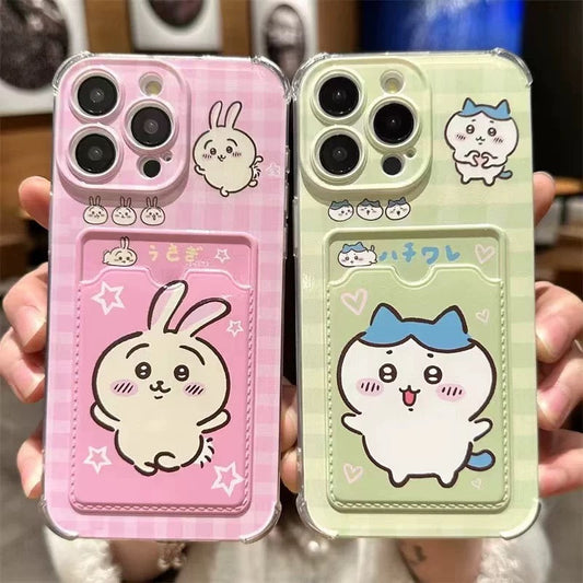 Japanese Cartoon Chiikawa | ChiiKawa Hachiware Usagi with Card Holder - iPhone Case 11 12 13 14 15 16 17 Pro Promax