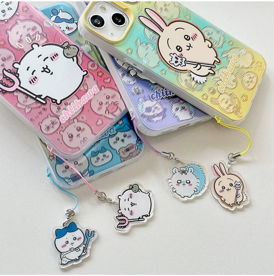 Japanese Cartoon iPhone Case with Strap | Laser ChiiKawa Hachiware Usagi Momonga - iPhone CasePhone Case 7 8 PLUS SE2 XS XR X 11 12 13 14 15 Pro Promax 12mini 13mini