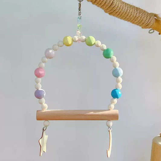12-15cm Dreamy Pastel Rainbow Wooden Beads with Moon Star Wooden Swings Handmade Bird Toys Organic Bird Cages Accessories Small Parrot Lovebird Budgie