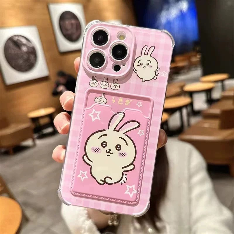 Japanese Cartoon Chiikawa | ChiiKawa Hachiware Usagi with Card Holder - iPhone Case 11 12 13 14 15 16 17 Pro Promax