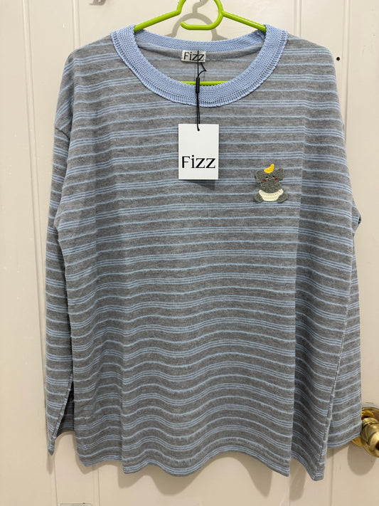 Korean Fashion Autumn Wool Long-sleeved Series | Blue & Grey Stripe with Baby Elephant - Kawaii Fashion Items