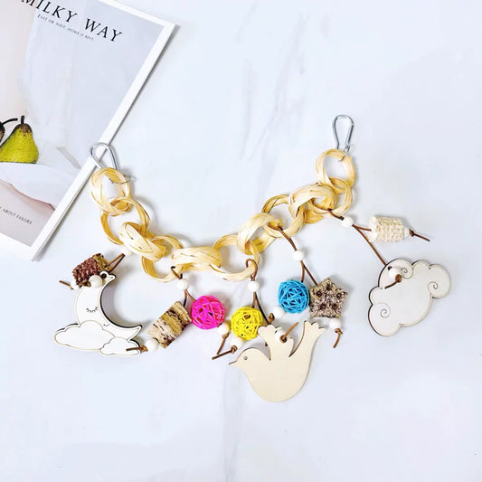 35x15cm Bamboo Ring with Wooden and Takraw & Seeds Hanging Toy Handmade Bird Toys Natural Bird Bitting Toys Organic Bird Cages Accessories