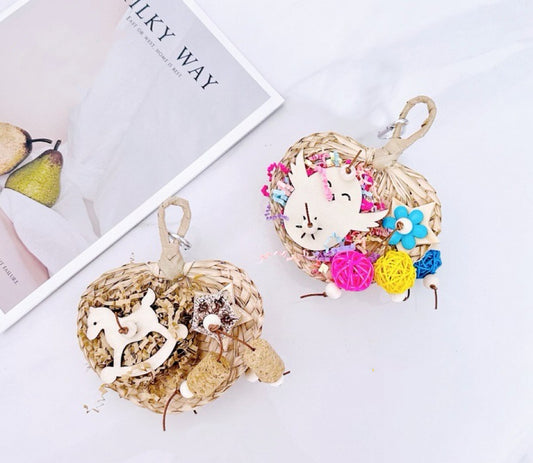 12x15cm Little Playground Grass Fan with Wooden Pieces Takraw Ball & Wine Cork Hanging Toy Handmade Bird Toys Natural Bird Bitting Toys Organic Bird Cages Accessories