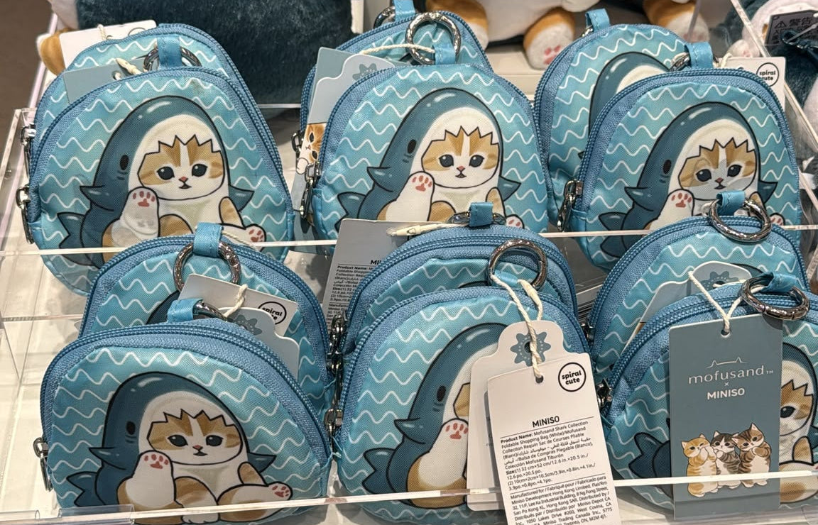Miniso X Mofusand | Mofusand Cat in Shark Costume Cute Foldable Shopping Bag with Plush Bag Keychain - Kawaii items Room Decoration