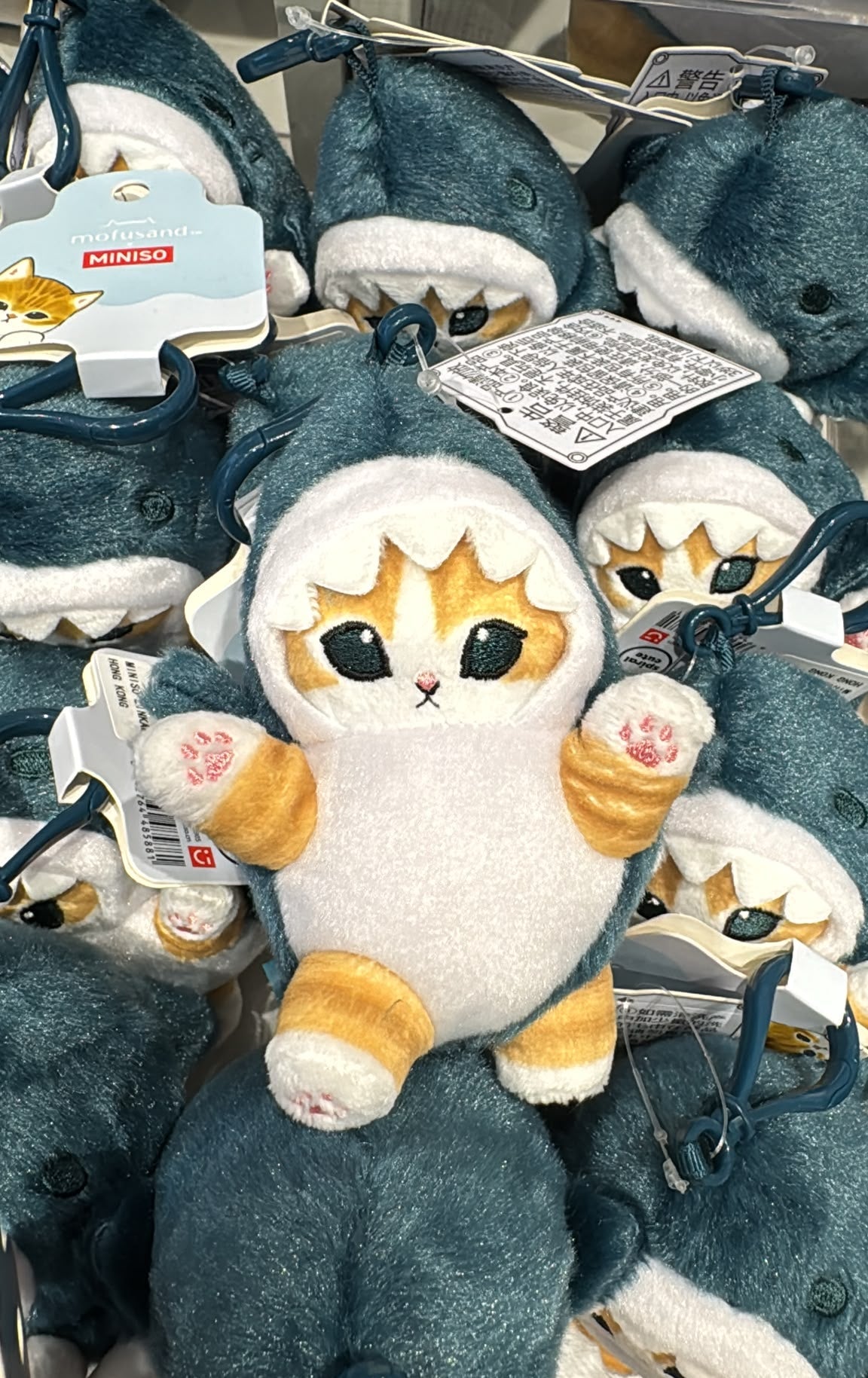 Miniso X Mofusand | Mofusand Cat in Shark Costume Raising Hand and Swimming Cute Plush Doll Keychain - Kawaii items Room Decoration Doll