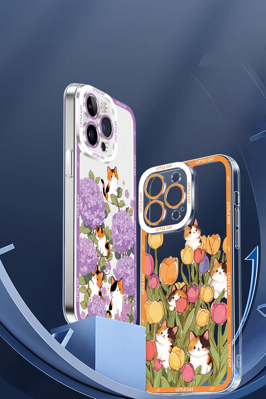 Japan Style Simple Cute Animals Style | Little Cats with Flowers - iPhone Case PLUS SE2 XS XR X 11 12 13 14 15 16 16e 17 17e Pro Promax 12mini 13mini