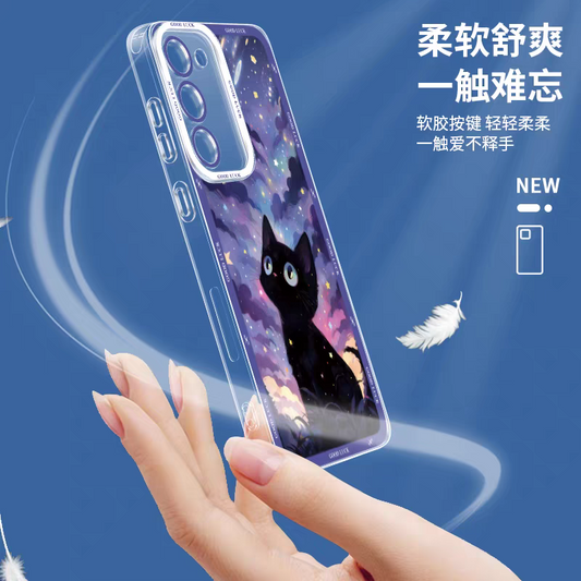 Black Cat with Starry Sky Oil Drawing Style | 8 Styles - Phone Case Samsung Galaxy S26 S25 S24 S23 S22 S21 FE Ultra Edge