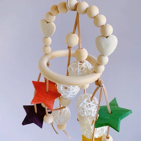 Wooden Wind Chines Circus Style with Stars Takraw Hanging Toy Handmade Bird Parrot Toys Organic Bird Cages Accessories