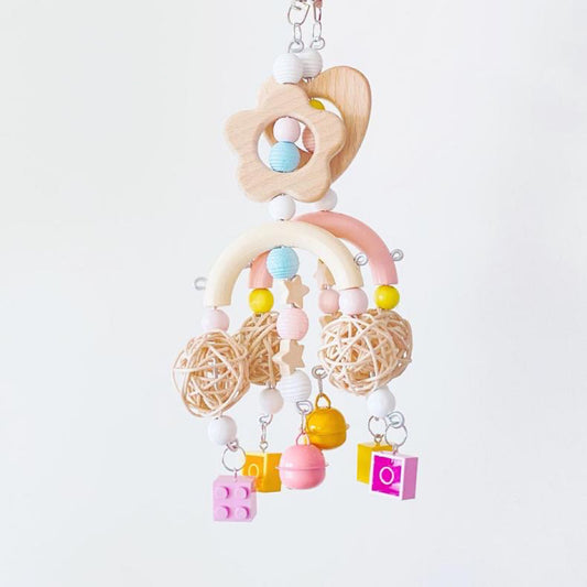 Cute Flower Heart Blocks with Bell Bite Hanging Natural Parrot Birdie Toy