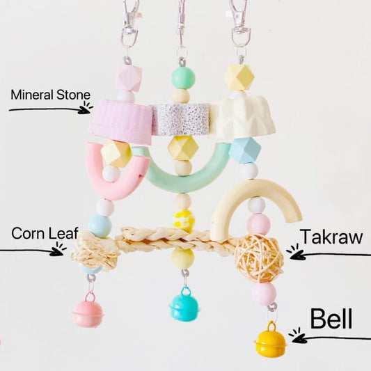 Pastel Fun with Bell or Flower Bite Hanging Natural Parrot Birdie Toy for Small Medium Size Parrot Cages Accessories