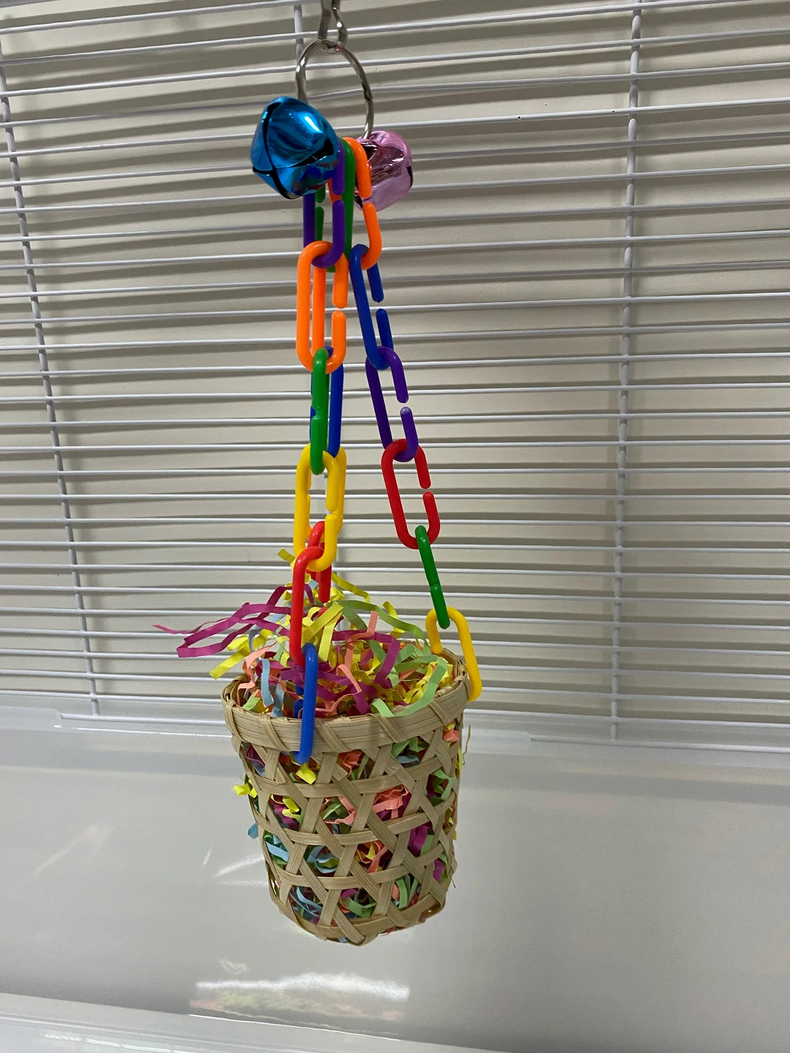 26cm Bamboo Basket with Raffia Paper Bell Parrot Toys Hanging Toy for Small Medium Parrot