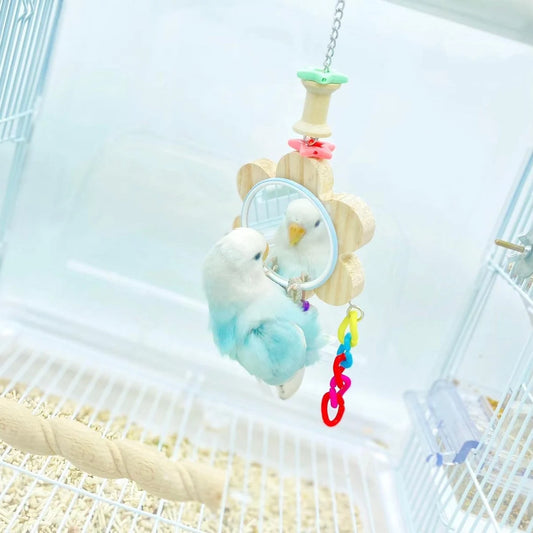 Wooden Flower Mirror with Bell Hanging Parrot Toy Bird Toys
