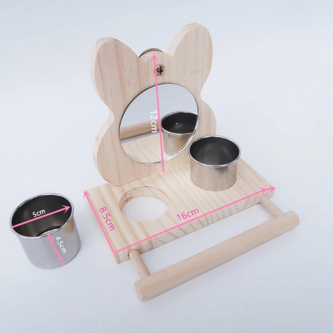 16x12cm Wooden Rabbit Mirror with Cups Parrot Toy Organic Bird Toys Bird Cages Accessories