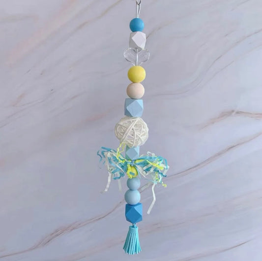 25cm Takraw with Heart Red & Blue Hanging Toy Handmade Parrot Bird Toys Organic Bird Cages Accessories