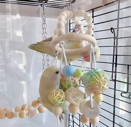 Wooden Wind Chines with Takraw and Bell Hanging Toy Handmade Bird