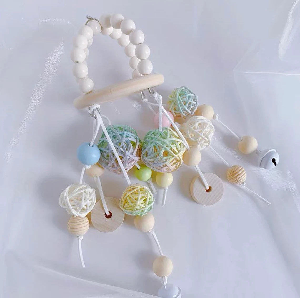 28x8cm Wooden Wind Chines with Takraw and Bell Hanging Toy Handmade Bird Parrot Toys Organic Bird Cages Accessories