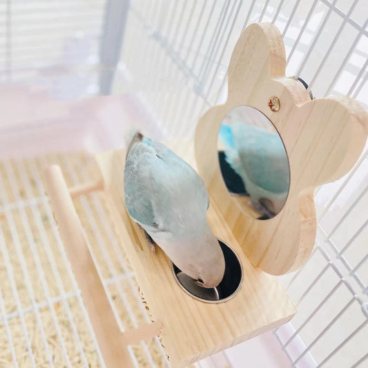 Wooden Rabbit Mirror with Cups Parrot Toy Organic Bird Toys Bird Cages Accessories