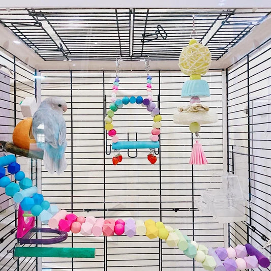 Parrot Rainbow Ladder Climbing Toy With Natural Wood Hanging Parrot Birdie Toy