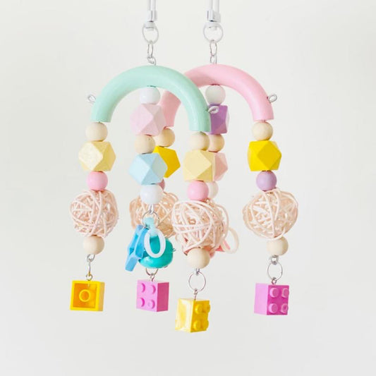 Colourful Pastel Blocks with Star & Bell Bite Hanging Natural Parrot Birdie Toy for Small Medium Size Parrot Cages Accessories