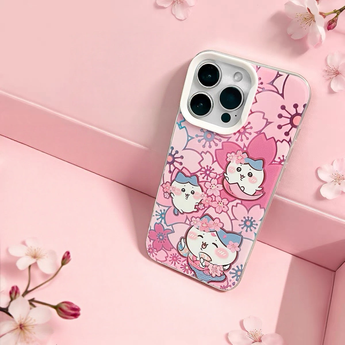 Japanese Cartoon ChiiKawa Sakura Pink Laser Case | Chiikawa Hachiware Usagi Momonga - iPhone Case 11 12 13 14 15 16 16e 17 17e Pro Promax