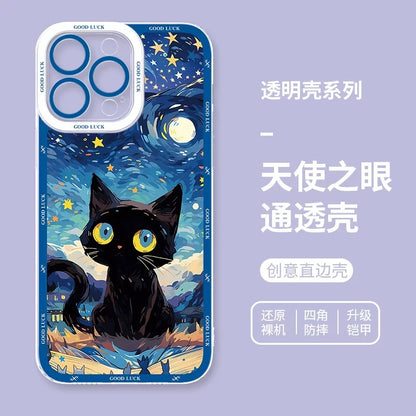 Black Cat with Starry Sky Oil Drawing Style | 8 Styles - iPhone Case PLUS SE2 XS XR X 11 12 13 14 15 16 16e 17 17e Pro Promax 12mini 13mini