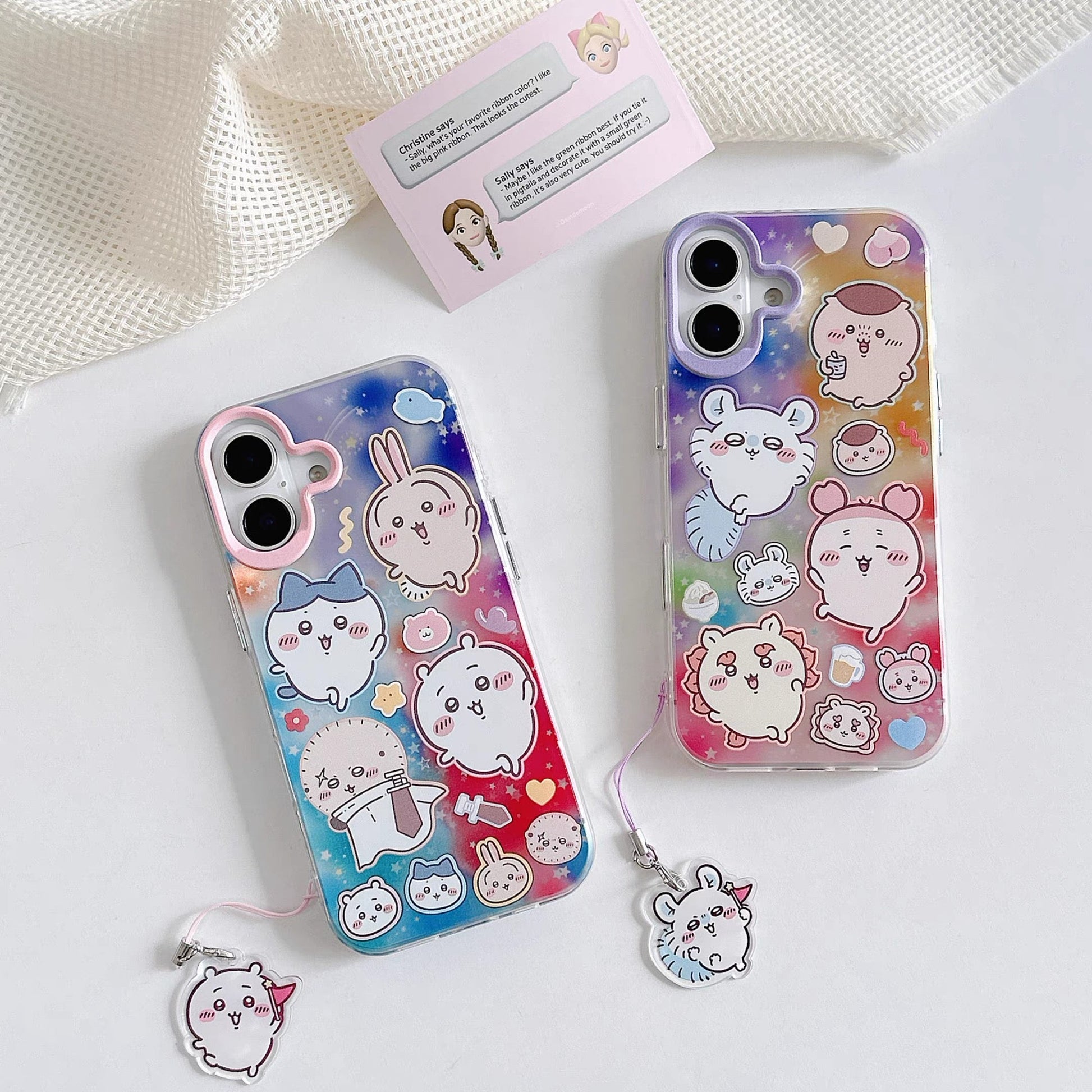 Japanese Cartoon ChiiKawa Laser Phone Case with Strap | Rainbow Galaxy with ChiiKawa Hachiware Usagi Momonga Rakko Kurimanju Shisa Furuhonya - iPhone Case PLUS SE2 11 12 13 14 15 16 16e 17 17e Pro Promax 12mini 13mini