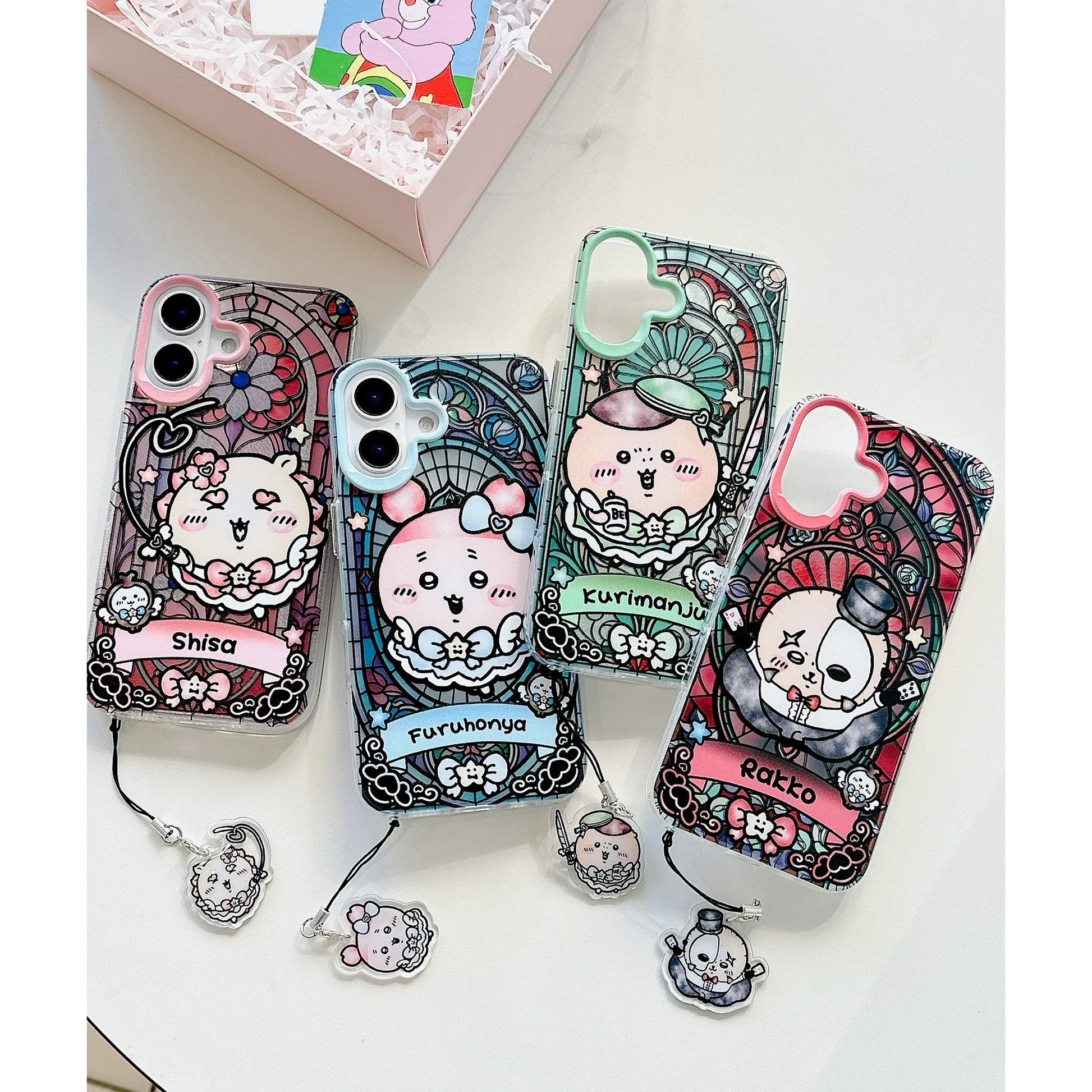 Japanese Cartoon iPhone Case with Strap | Laser Magical Girl with Glass Window Kurimanju Rakko Shisa Furuhonya Magic - iPhone Case 7 8 PLUS SE2 XS XR X 11 12 13 14 15 Pro Promax 12mini 13mini