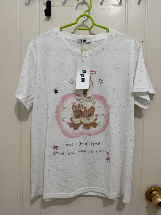 Korean Fashion Cute Animals Style T-Shirt Series | Pearl Ribbon Apple with Teddy Bear & Rabbit - Kawaii Fashion Items 