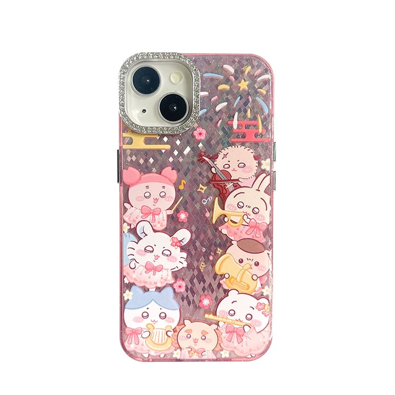 Japanese Cartoon ChiiKawa | Music Party with Firework Chiikawa Hachiware Usagi Momonga Kurimanju Rakko Shisa Crab Clear Laser - iPhone Case 11 12 13 14 15 16 Pro Promax  WinnieTheBirds Toy Shop
