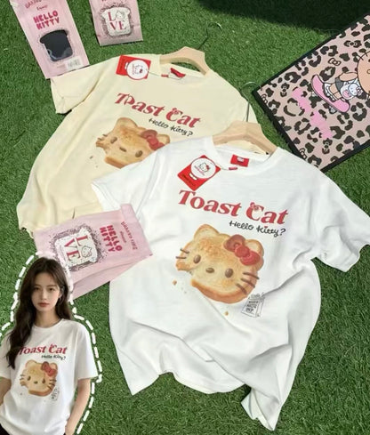 Korean Fashion Cute Cartoon Style T-Shirt Series | Toast Cat Hello Kitty - Kawaii Fashion Items