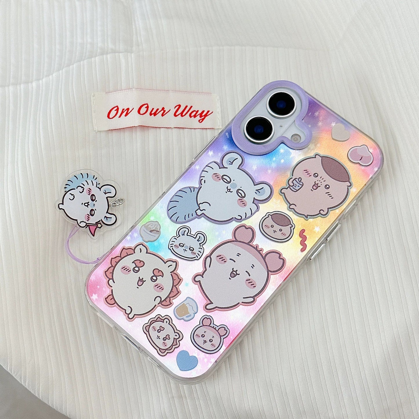 Japanese Cartoon ChiiKawa Laser Phone Case with Strap | Rainbow Galaxy with ChiiKawa Hachiware Usagi Momonga Rakko Kurimanju Shisa Furuhonya - Phone Case Samsung Galaxy S26 S25 S24 S23 S22 S21 FE Ultra Edge