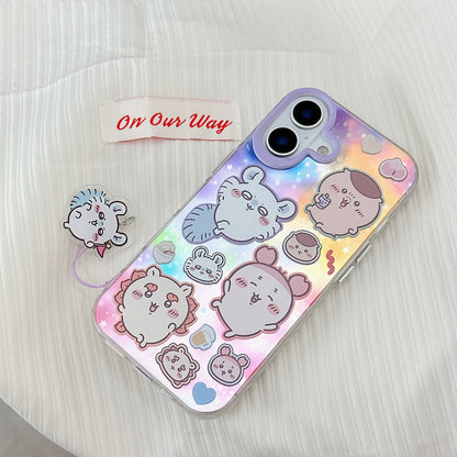 Japanese Cartoon ChiiKawa Laser Phone Case with Strap | Rainbow Galaxy with ChiiKawa Hachiware Usagi Momonga Rakko Kurimanju Shisa Furuhonya - Phone Case Samsung Galaxy S26 S25 S24 S23 S22 S21 FE Ultra Edge